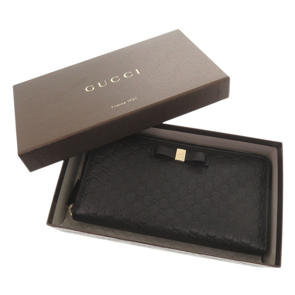 新品同様 グッチ マイクログッチシマ リボン 388680 ブラック ラウンドファスナー 長財布 黒 0731【中古】GUCCI