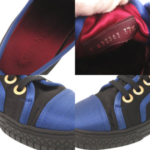 美品 シャネル ココマーク G32383 サイズ37 1/2 サテン ラバー ブラック ブルー スニーカー 黒 0958【中古】CHANEL