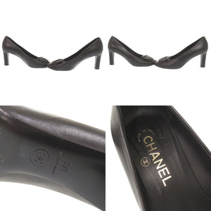 シャネル カメリア ココマーク サイズ38C レザー ブラック パンプス ヒール 黒 0959【中古】CHANEL