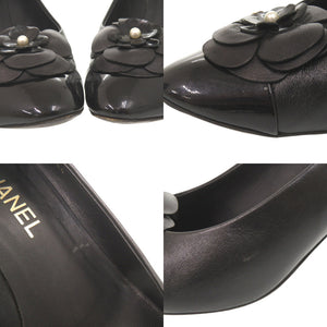 シャネル カメリア ココマーク サイズ38C レザー ブラック パンプス ヒール 黒 0959【中古】CHANEL