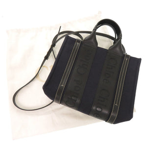 美品 クロエ ウッディ スモール トートバッグ レザー リネンキャンバス ネイビー ブラック 2WAY ハンドバッグ ショルダーバッグ 0986【中古】Chloe