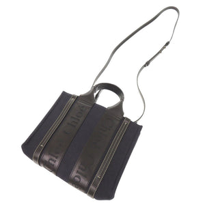 美品 クロエ ウッディ スモール トートバッグ レザー リネンキャンバス ネイビー ブラック 2WAY ハンドバッグ ショルダーバッグ 0986【中古】Chloe