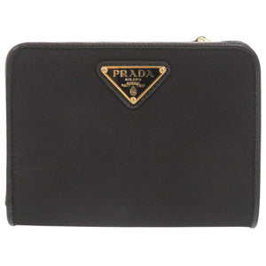 美品 プラダ トライアングルロゴ 1ML018 ナイロン レザー ブラック 二つ折り財布 黒 1000【中古】PRADA