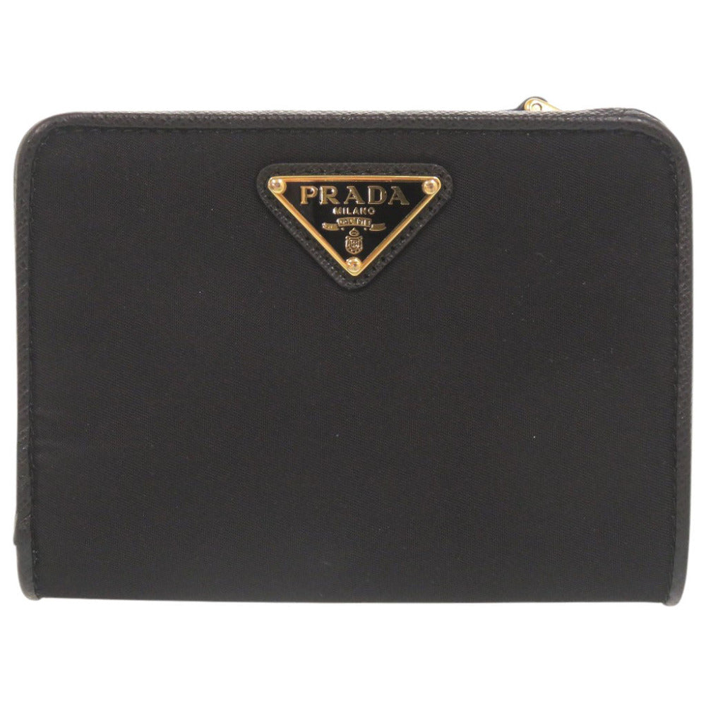 美品 プラダ トライアングルロゴ 1ML018 ナイロン レザー ブラック 二つ折り財布 黒 1000【中古】PRADA