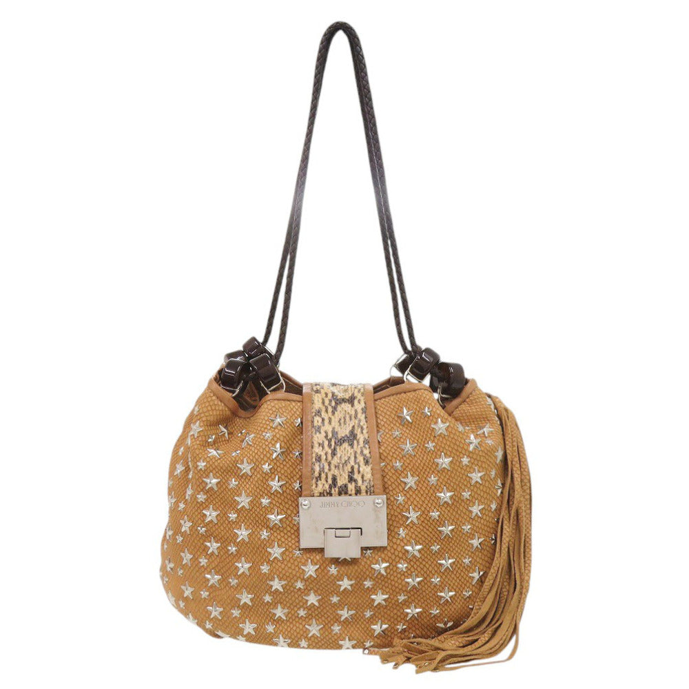 ジミーチュウ スタッズ パイソン型押しレザー ブラウン ショルダーバッグ 茶 1005【中古】JIMMY CHOO