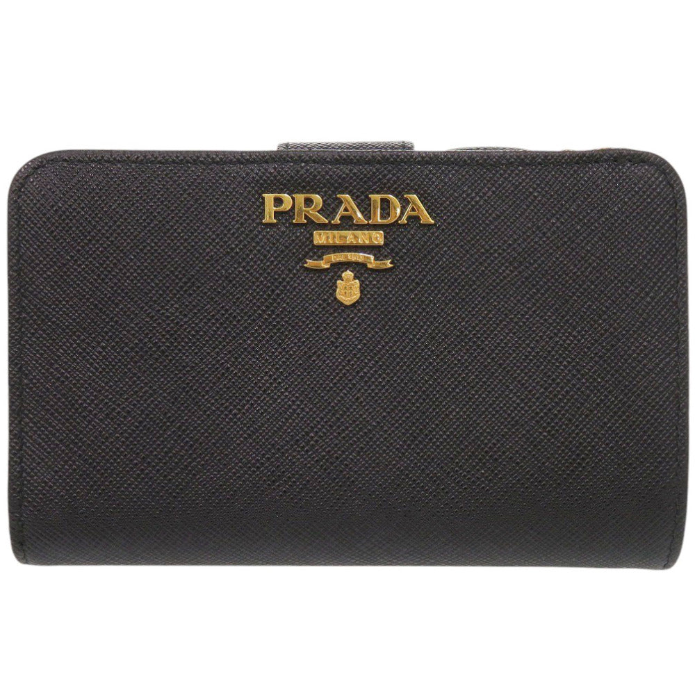 新品同様 プラダ サフィアーノ 1ML225 レザー ブラック 二つ折り財布 黒 1071【中古】PRADA