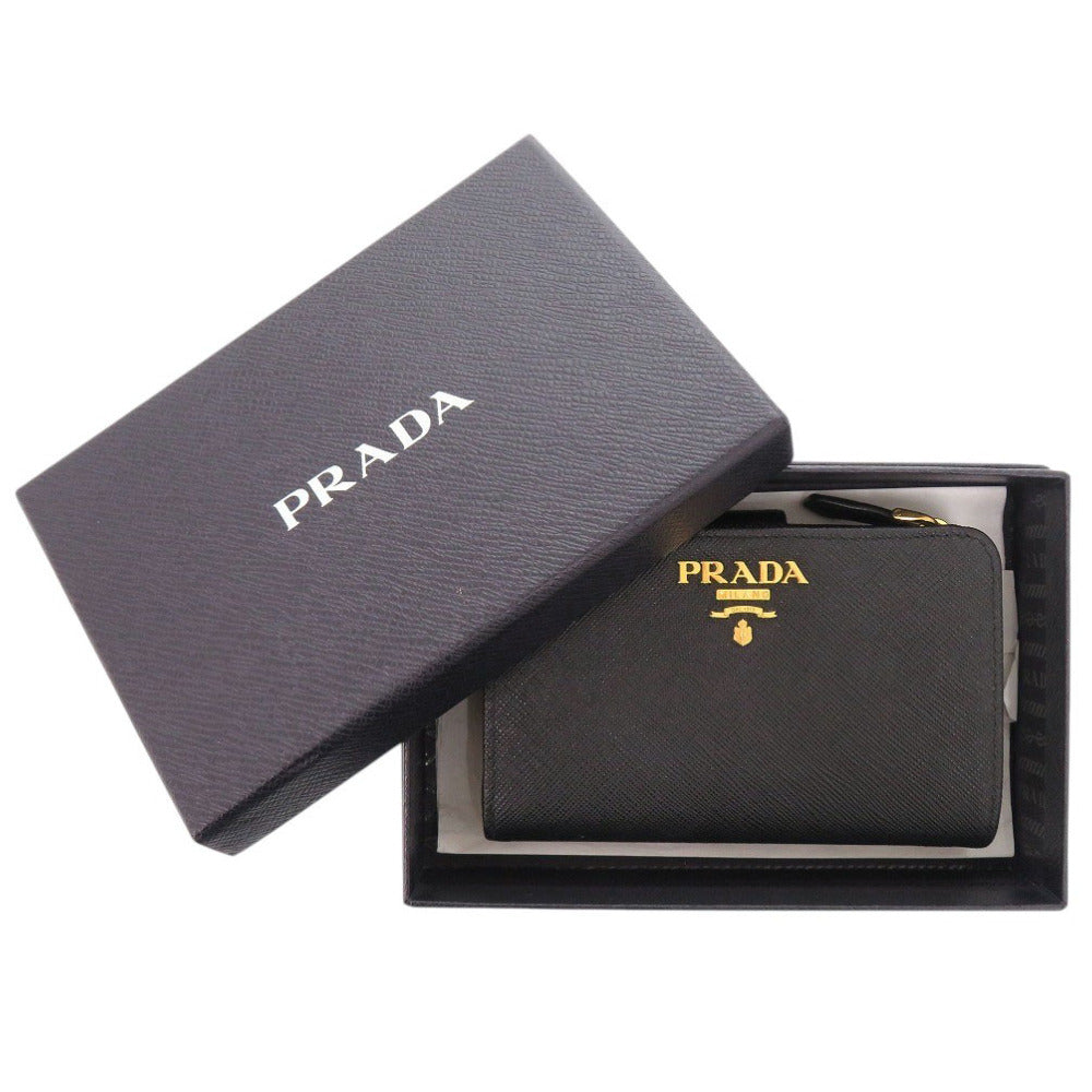 新品同様 プラダ サフィアーノ 1ML225 レザー ブラック 二つ折り財布 黒 1071【中古】PRADA