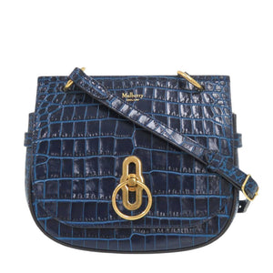 美品 マルベリー アンバリー サッチェル クロコ型押し レザー ブルー ショルダーバッグ 青 1118【中古】MULBERRY