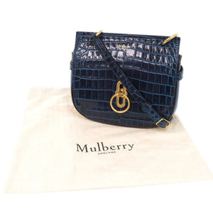 美品 マルベリー アンバリー サッチェル クロコ型押し レザー ブルー ショルダーバッグ 青 1118【中古】MULBERRY