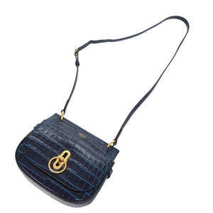 美品 マルベリー アンバリー サッチェル クロコ型押し レザー ブルー ショルダーバッグ 青 1118【中古】MULBERRY