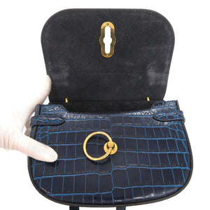 美品 マルベリー アンバリー サッチェル クロコ型押し レザー ブルー ショルダーバッグ 青 1118【中古】MULBERRY