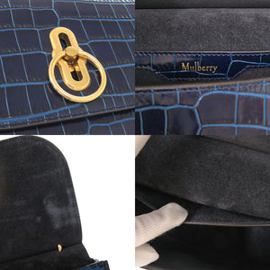 美品 マルベリー アンバリー サッチェル クロコ型押し レザー ブルー ショルダーバッグ 青 1118【中古】MULBERRY