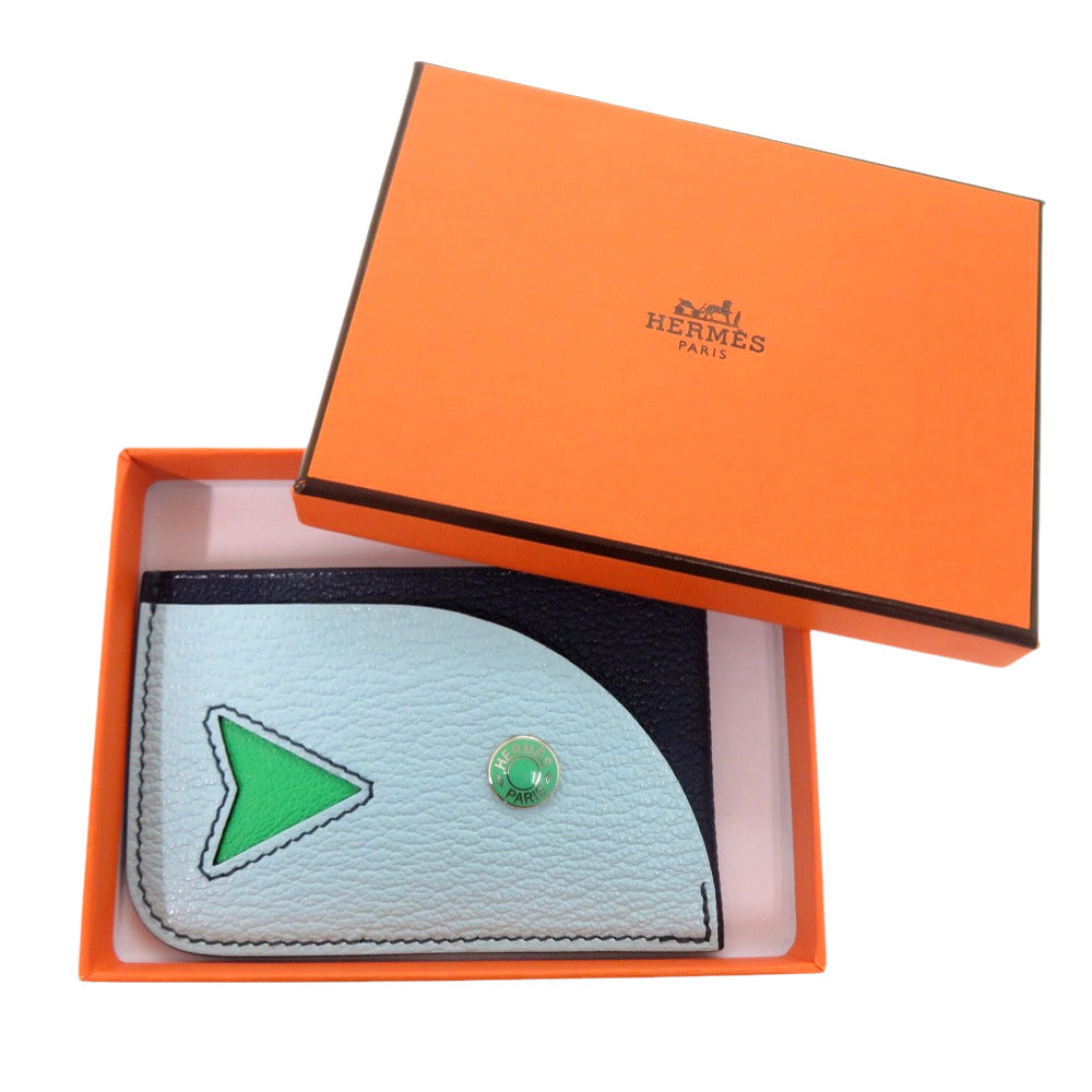 新品同様 エルメス ポワソン カードケース シェーブルミゾール ネイビー 水色 グリーン 1252【中古】HERMES