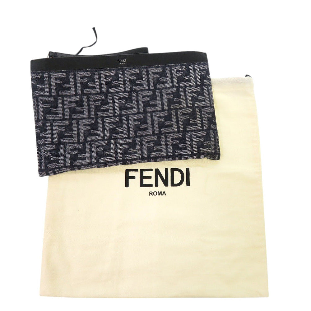 フェンディ ズッカ柄 7N0134 キャンバス レザー ネイビー ブラック クラッチバッグ 1368【中古】FENDI