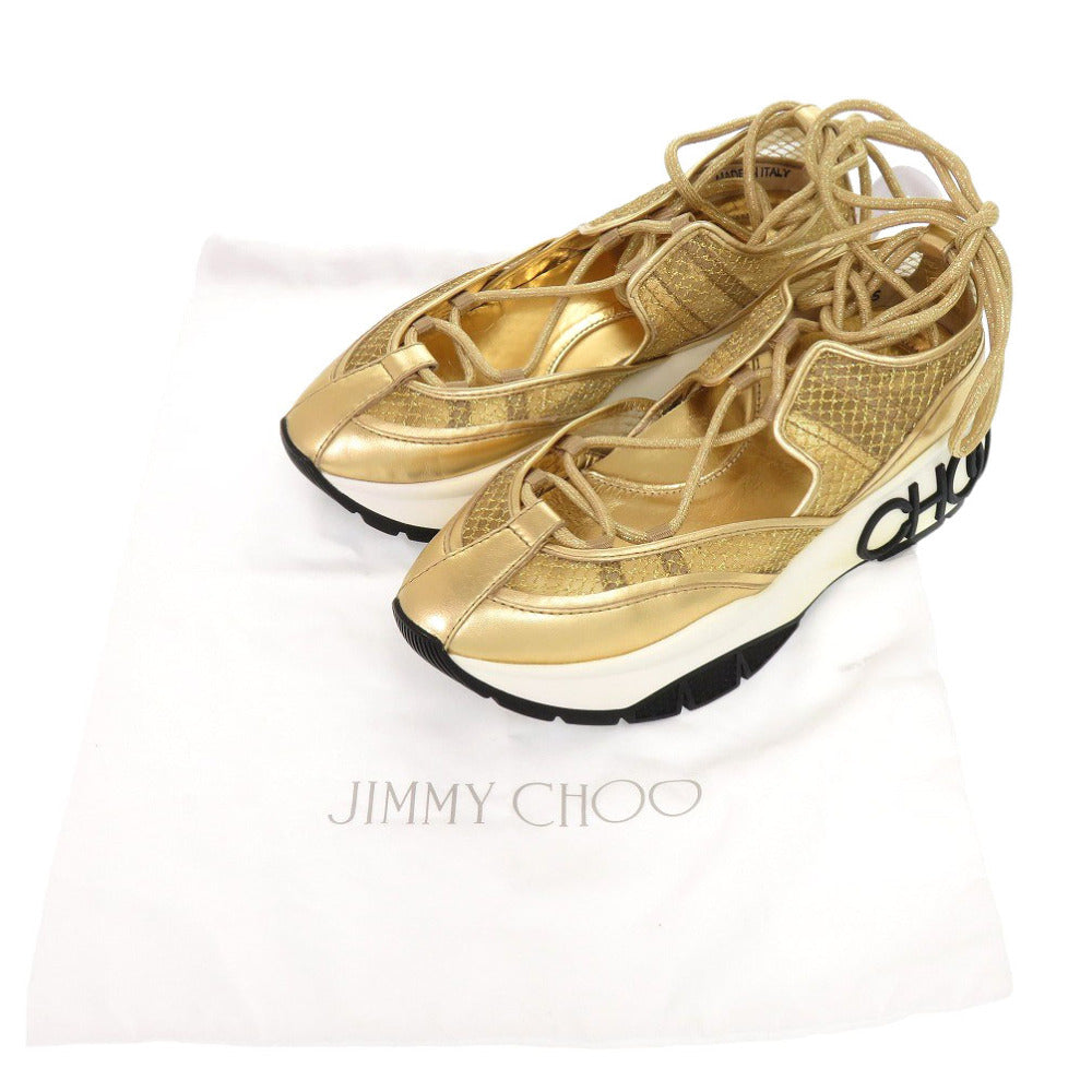 新品同様 ジミーチュウ ミシガン レースアップシューズ 22cm レザー メッシュ ゴールド スニーカー 1386【中古】JIMMY CHOO