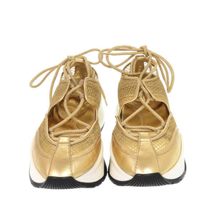 新品同様 ジミーチュウ ミシガン レースアップシューズ 22cm レザー メッシュ ゴールド スニーカー 1386【中古】JIMMY CHOO