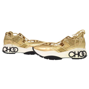 新品同様 ジミーチュウ ミシガン レースアップシューズ 22cm レザー メッシュ ゴールド スニーカー 1386【中古】JIMMY CHOO