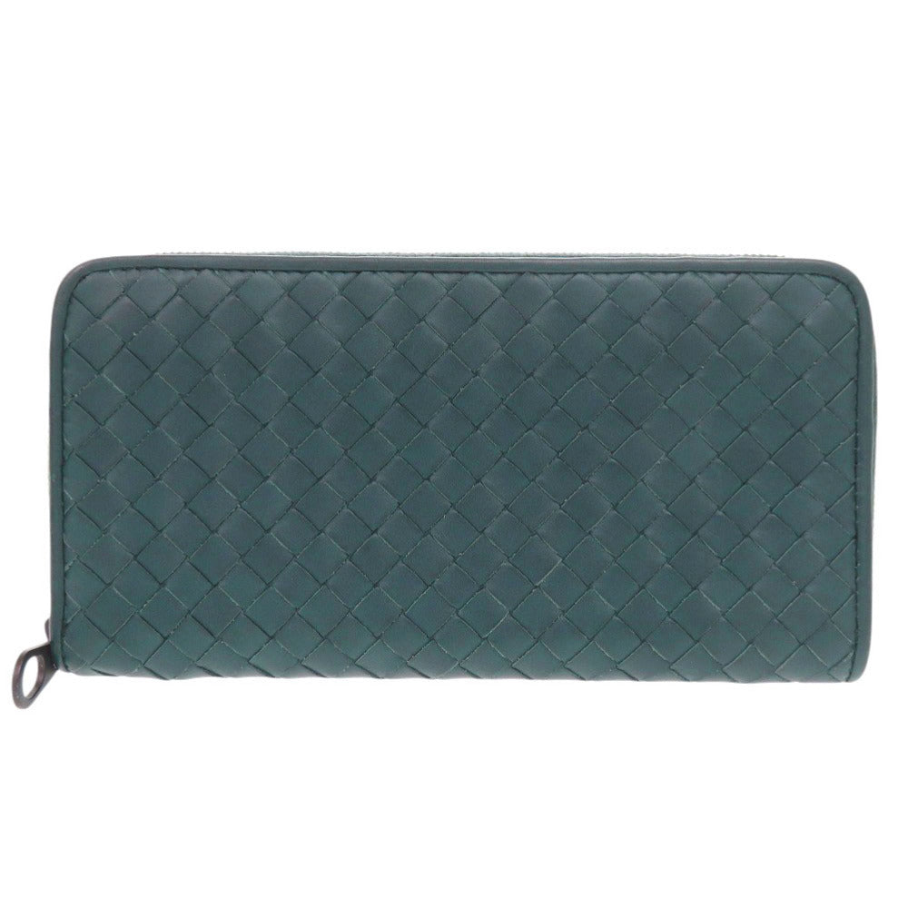 美品 ボッテガヴェネタ イントレチャート レザー ブルー ラウンドファスナー 長財布 1447【中古】BOTTEGAVENETA