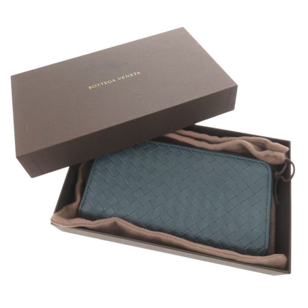 美品 ボッテガヴェネタ イントレチャート レザー ブルー ラウンドファスナー 長財布 1447【中古】BOTTEGAVENETA