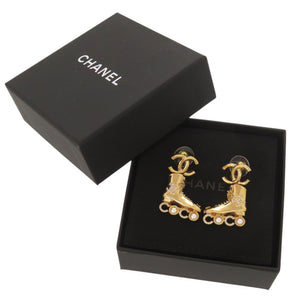 未使用品 シャネル ココマーク ローラースケート メタル ラインストーン フェイクパール ゴールド ピアス 1465【中古】CHANEL