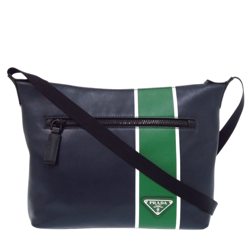 プラダ レザー トライアングルロゴ ネイビー グリーン ショルダーバッグ 1470【中古】PRADA