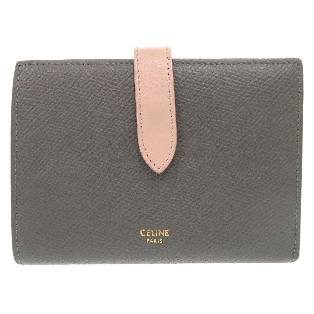 セリーヌ バイカラー ミディアムストラップ レザー グレー ピンク 二つ折り財布 1487【中古】CELINE