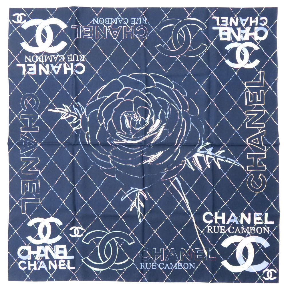 未使用 シャネル ココマーク カメリア スカーフ シルク ネイビー ブラック 1491【中古】CHANEL