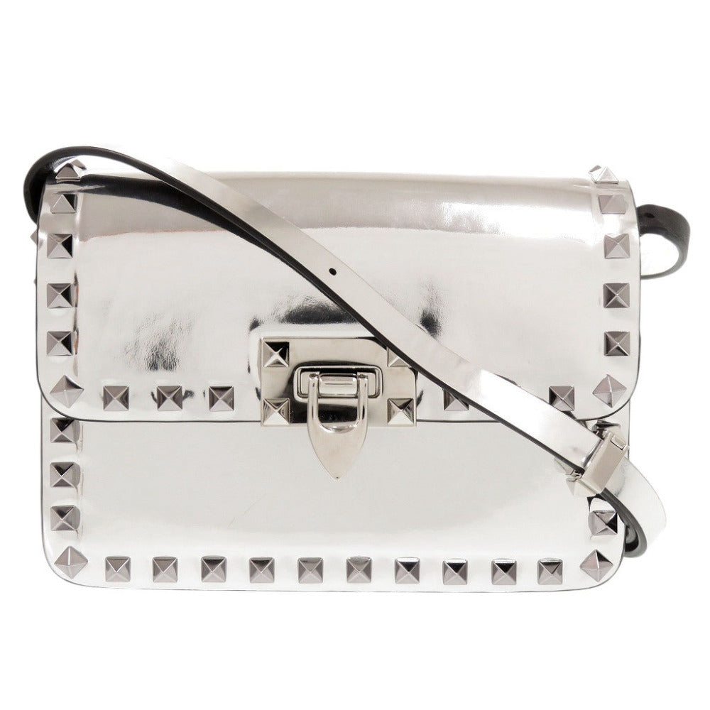 美品 ヴァレンティノ ガラヴァーニ ロックスタッズ パテントレザー シルバー ショルダーバッグ 1521【中古】Valentino Garavani