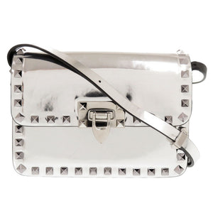 美品 ヴァレンティノ ガラヴァーニ ロックスタッズ パテントレザー シルバー ショルダーバッグ 1521【中古】Valentino Garavani