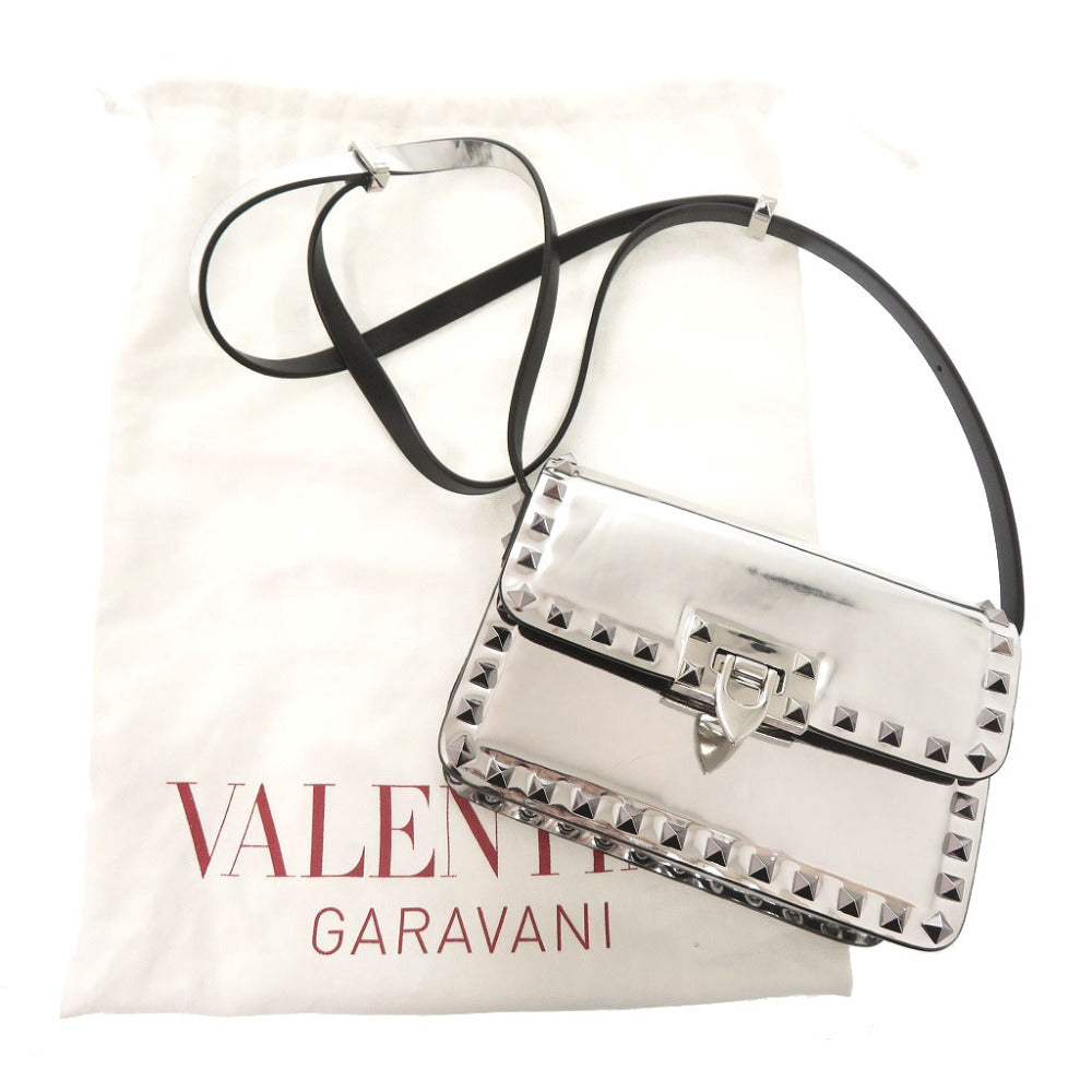 美品 ヴァレンティノ ガラヴァーニ ロックスタッズ パテントレザー シルバー ショルダーバッグ 1521【中古】Valentino Garavani