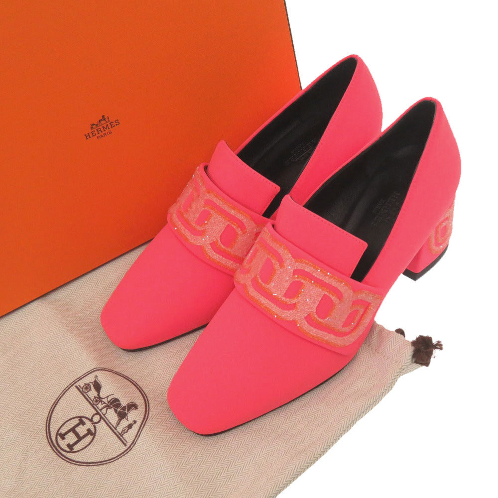 新品同様 エルメス ドナ 60 Donna ビジュー風 パンプス サイズ37(日本サイズ24cm) ファブリック ピンク ローファー 靴 1559【中古】HERMES