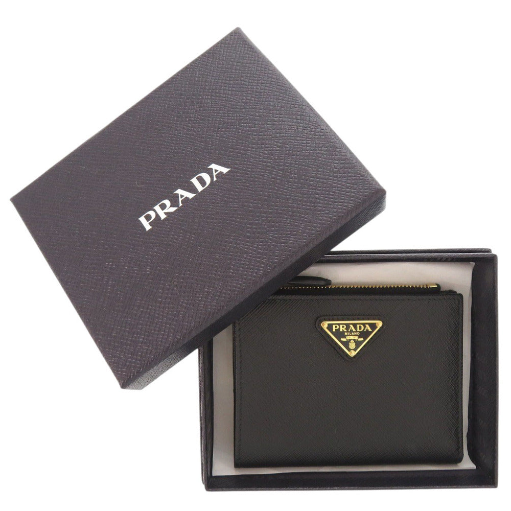 未使用 プラダ サフィアーノ トライアングル 1ML050 レザー ブラック 二つ折り財布 黒 1708【中古】PRADA