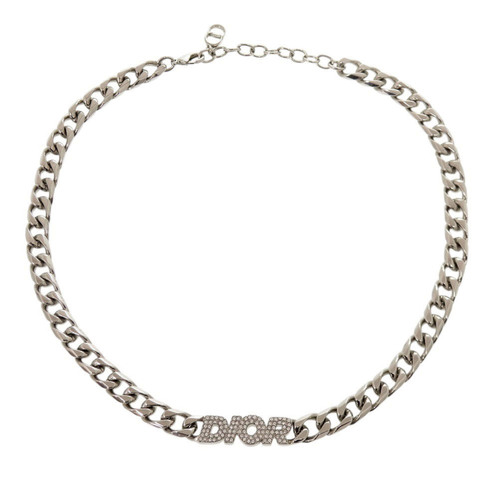 美品 ディオール チェーンリンク 真鍮 ラインストーン シルバー ネックレス 1713【中古】Dior