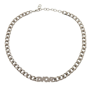 美品 ディオール チェーンリンク 真鍮 ラインストーン シルバー ネックレス 1713【中古】Dior