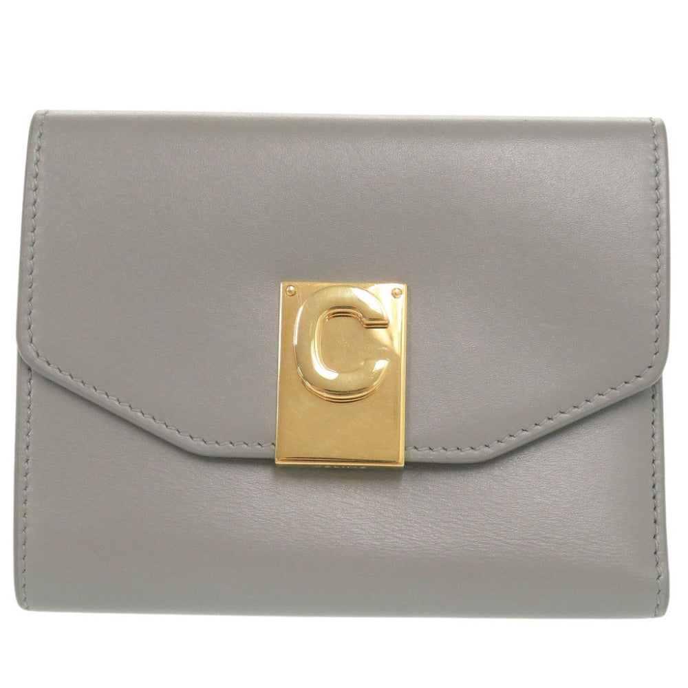 美品 セリーヌ C金具 コンパクトウォレット レザー グレー 三つ折り財布 0001【中古】CELINE