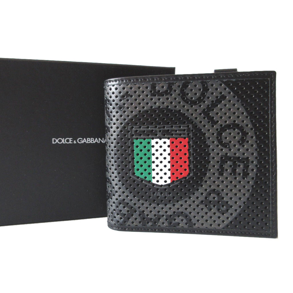 新品同様 ドルチェアンドガッバーナ パンチングレザー ブラック 黒 2つ折り財布 財布 0072【中古】DOLCE＆GABBANA