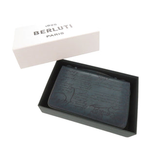美品 ベルルッティ イタウバ ワイド カリグラフィ レザー ブルー クラッチバッグ 財布 0080【中古】BERLUTI メンズ