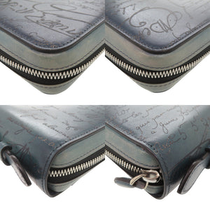美品 ベルルッティ イタウバ ワイド カリグラフィ レザー ブルー クラッチバッグ 財布 0080【中古】BERLUTI メンズ