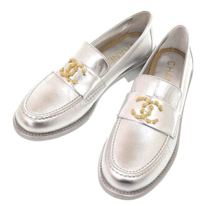 未使用 シャネル ココマーク カメリア サイズ37C G45663 レザー シルバー ローファー 0262【中古】CHANEL