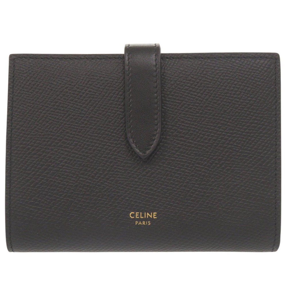 美品 セリーヌ ミディアム ストラップウォレット レザー ブラック 二つ折り財布 黒 0265【中古】CELINE