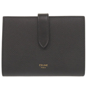 美品 セリーヌ ミディアム ストラップウォレット レザー ブラック 二つ折り財布 黒 0265【中古】CELINE