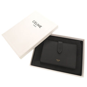 美品 セリーヌ ミディアム ストラップウォレット レザー ブラック 二つ折り財布 黒 0265【中古】CELINE