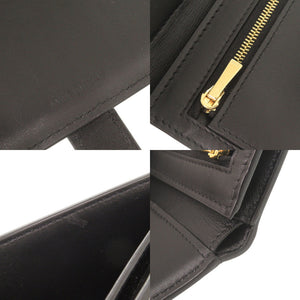 美品 セリーヌ ミディアム ストラップウォレット レザー ブラック 二つ折り財布 黒 0265【中古】CELINE