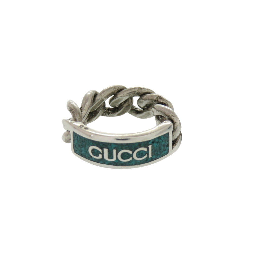 美品 グッチ チェーンリング ロゴプレート シルバー925 12号 グリーン リング 指輪 緑 0355【中古】GUCCI