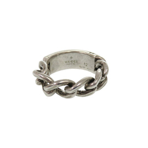 美品 グッチ チェーンリング ロゴプレート シルバー925 12号 グリーン リング 指輪 緑 0355【中古】GUCCI