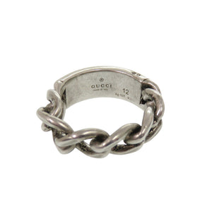 美品 グッチ チェーンリング ロゴプレート シルバー925 12号 グリーン リング 指輪 緑 0355【中古】GUCCI