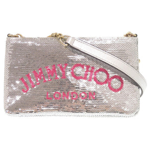 美品 ジミーチュウ ロゴ スパンコール レザー シルバー チェーン ショルダーバッグ 0360【中古】JIMMY CHOO