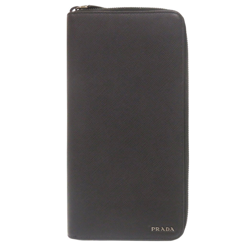 美品 プラダ サフィアーノレザー ロゴ 2ML220 ブラック ラウンドファスナー 長財布 黒 0366【中古】PRADA メンズ