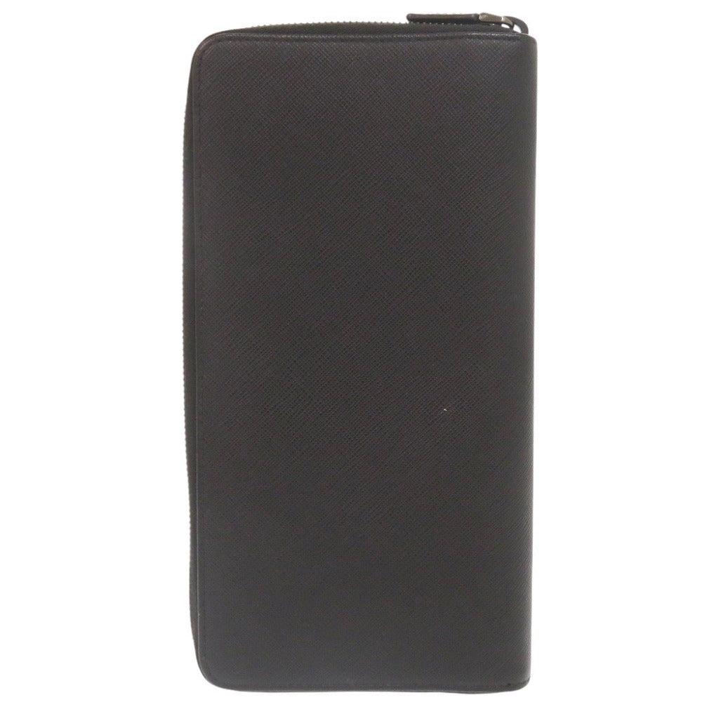 美品 プラダ サフィアーノレザー ロゴ 2ML220 ブラック ラウンドファスナー 長財布 黒 0366【中古】PRADA メンズ