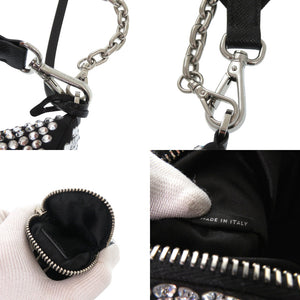 新品同様 プラダ Re-Edition 2005 クリスタル サテン シルバー ブラック ショルダーバッグ 0451【中古】PRADA
